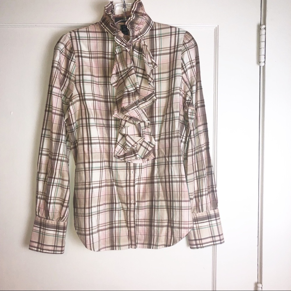 Ralph Lauren ruffle neck plaid top size medium